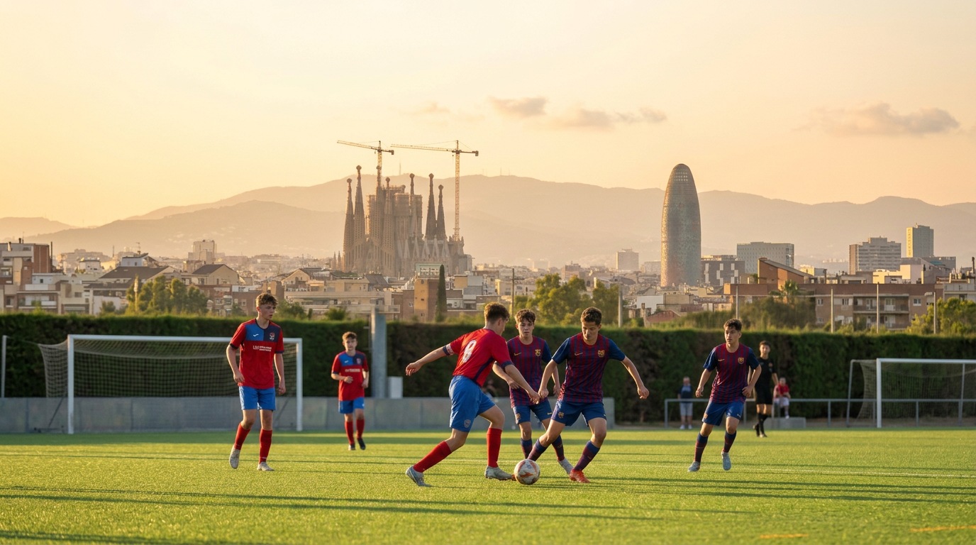Youth football teams playing in Barcelona with the city skyline and Sagrada Familia behind them